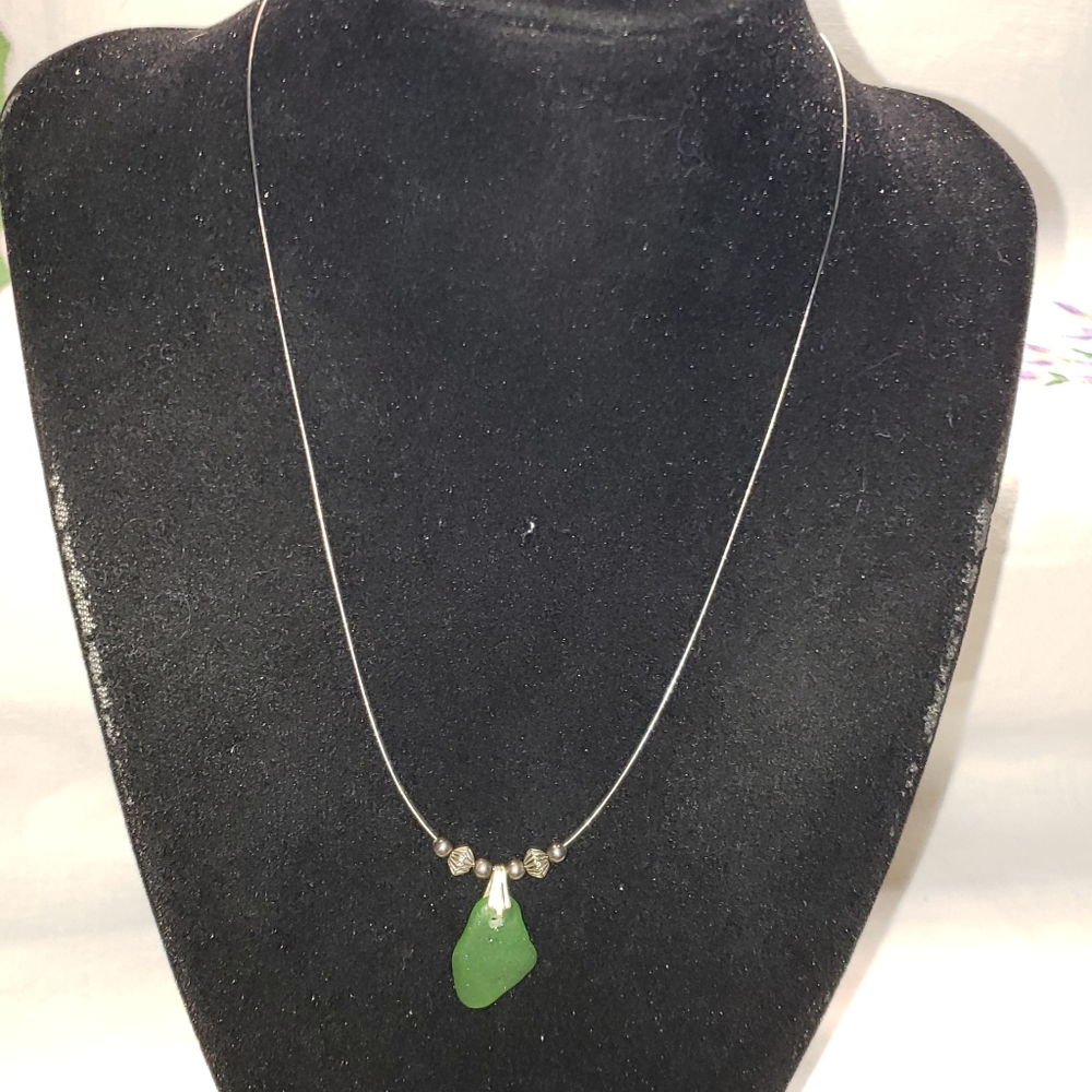 Elegant Green Lake Erie Beach Glass Pendant Necklace Artisan Made